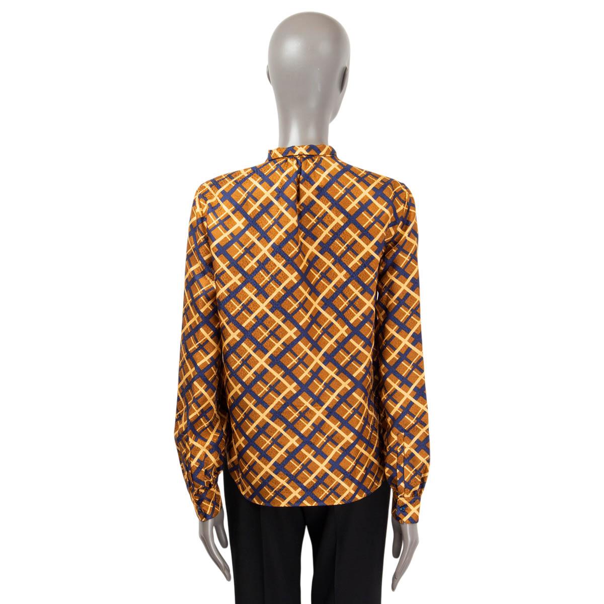 Women's SAINT LAURENT cognac silk RETRO PRINT PUSSY BOW Blouse Shirt 42 L For Sale