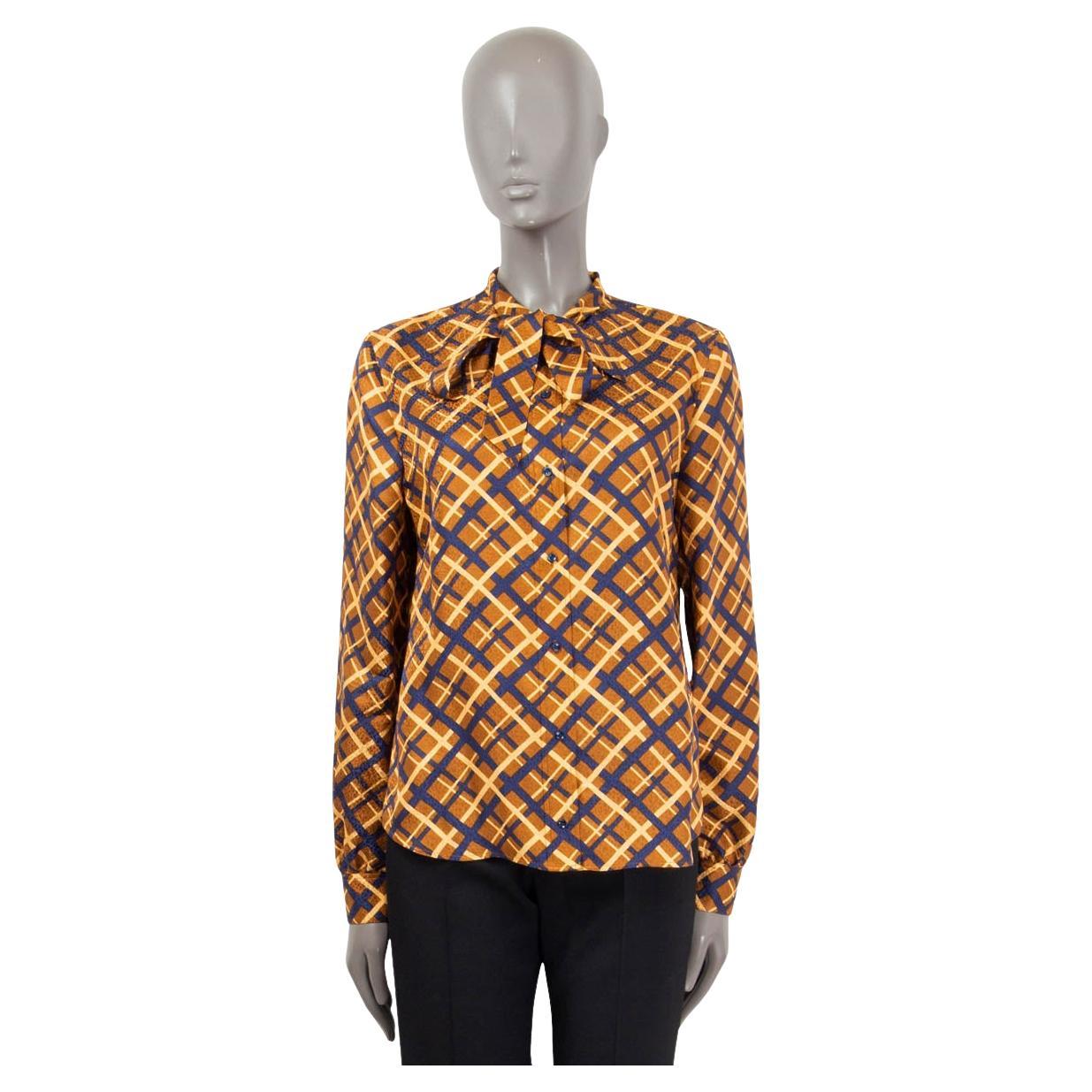 SAINT LAURENT Cognacfarbenes RETRO PRINT PUSSY BOW Bluse aus Seide 42 L im Angebot
