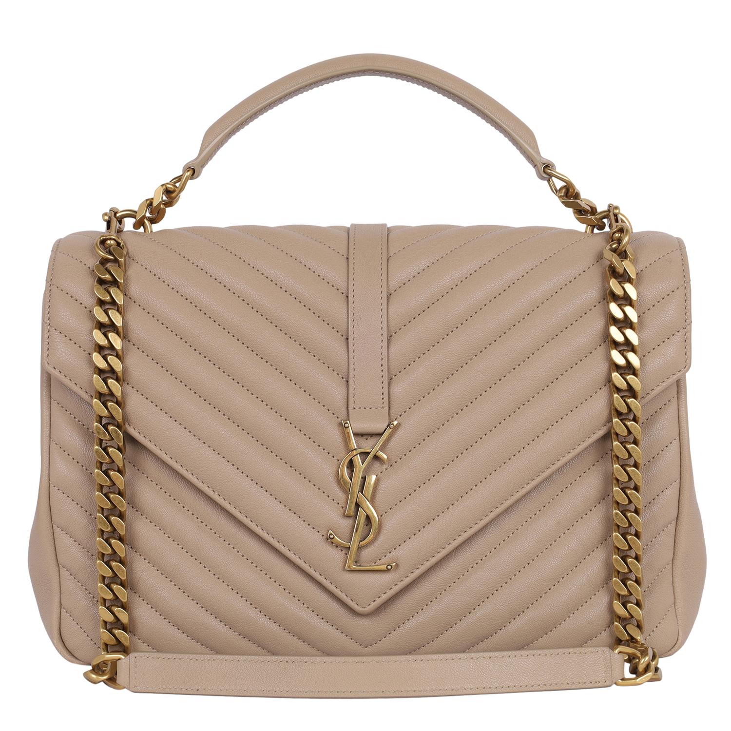 Authentic, pre-owned Saint Laurent YSL College large chain quilted leather shoulder bag in tan. This classic bag is one that will take you through all seasons. Adorned with iconic 'YSL' gold hardware hardware, chevron leather and has a sleek