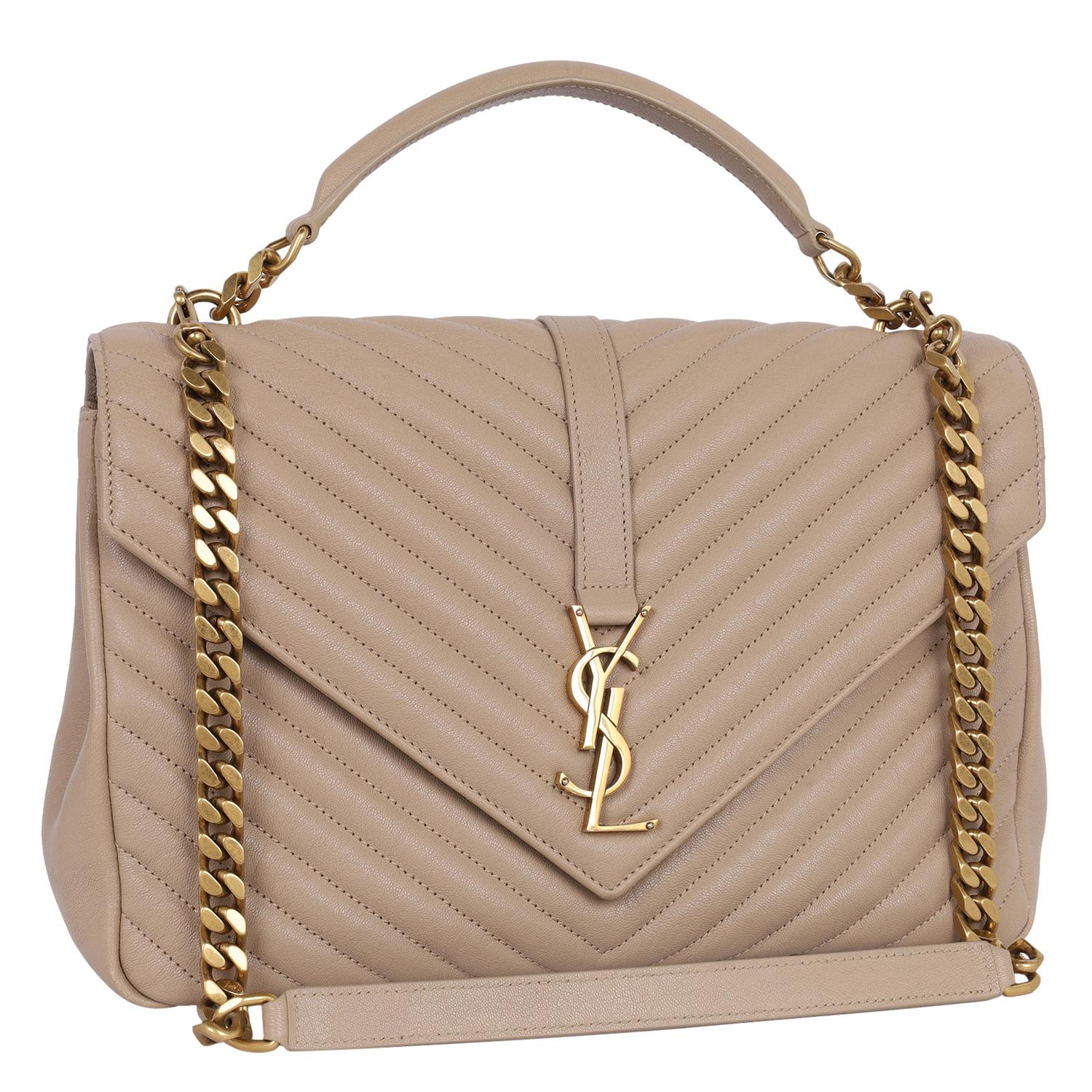 Saint Laurent College chain quilted leather shoulder bag Beige Tan In Good Condition In Salt Lake Cty, UT