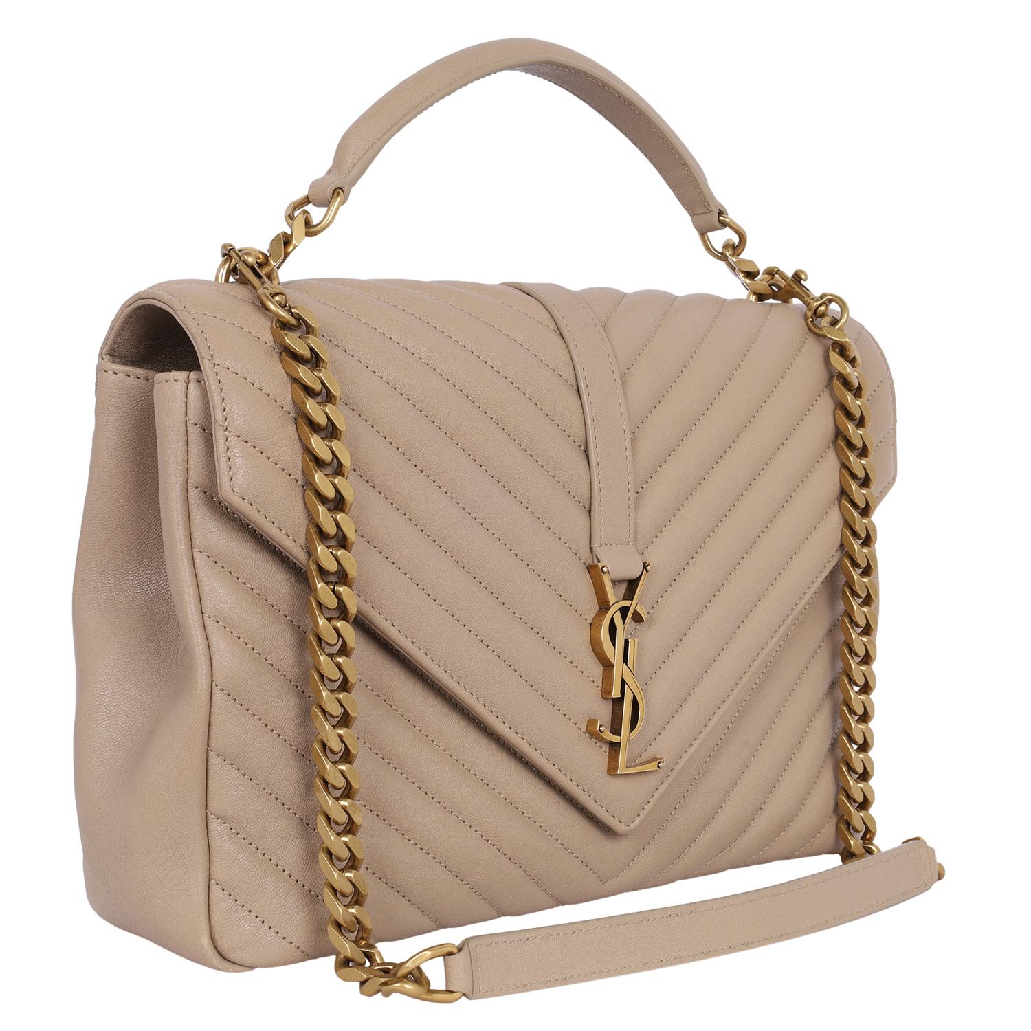 Women's Saint Laurent College chain quilted leather shoulder bag Beige Tan