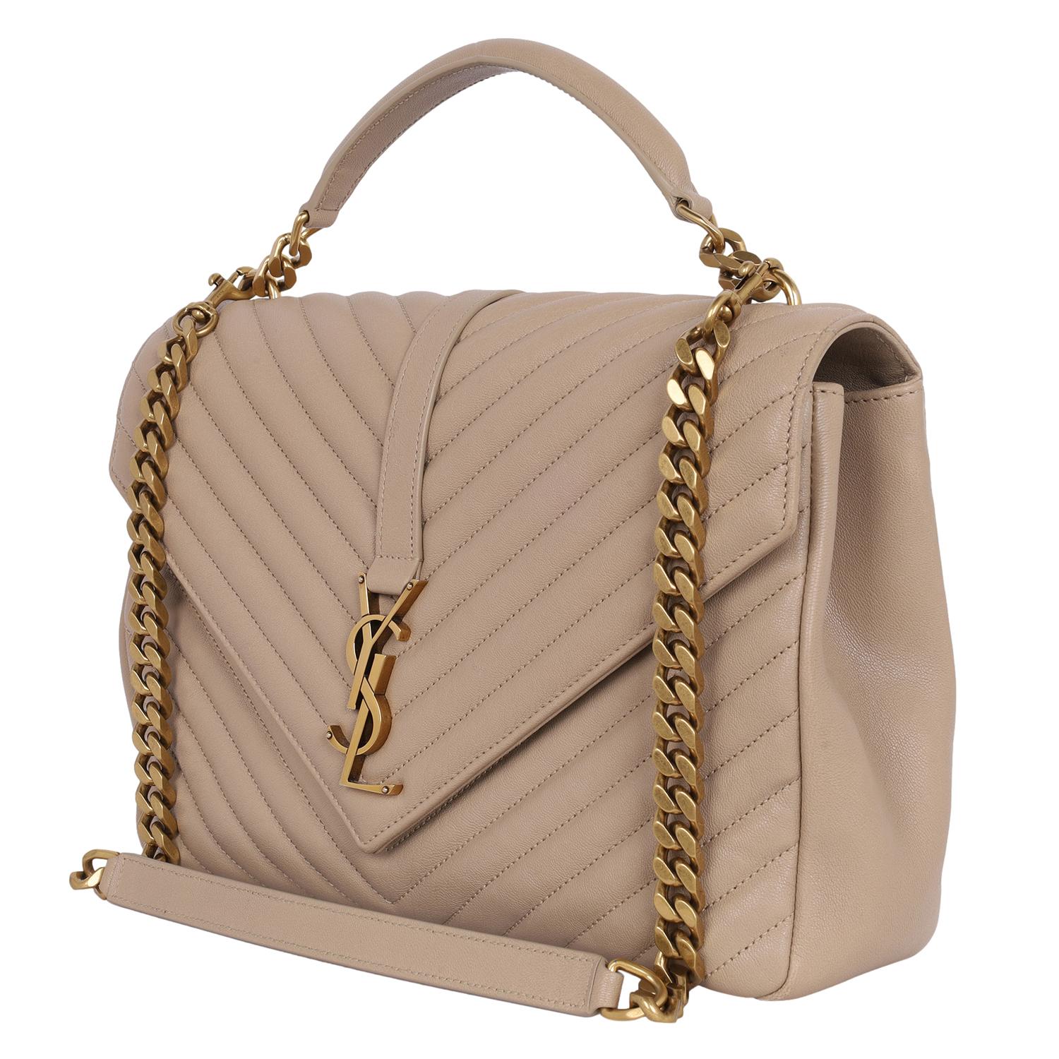 Saint Laurent College chain quilted leather shoulder bag Beige Tan 1