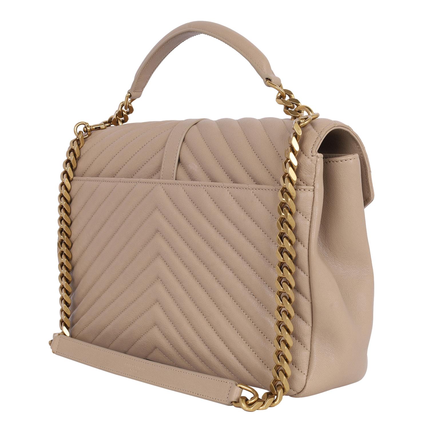 Saint Laurent College chain quilted leather shoulder bag Beige Tan 4