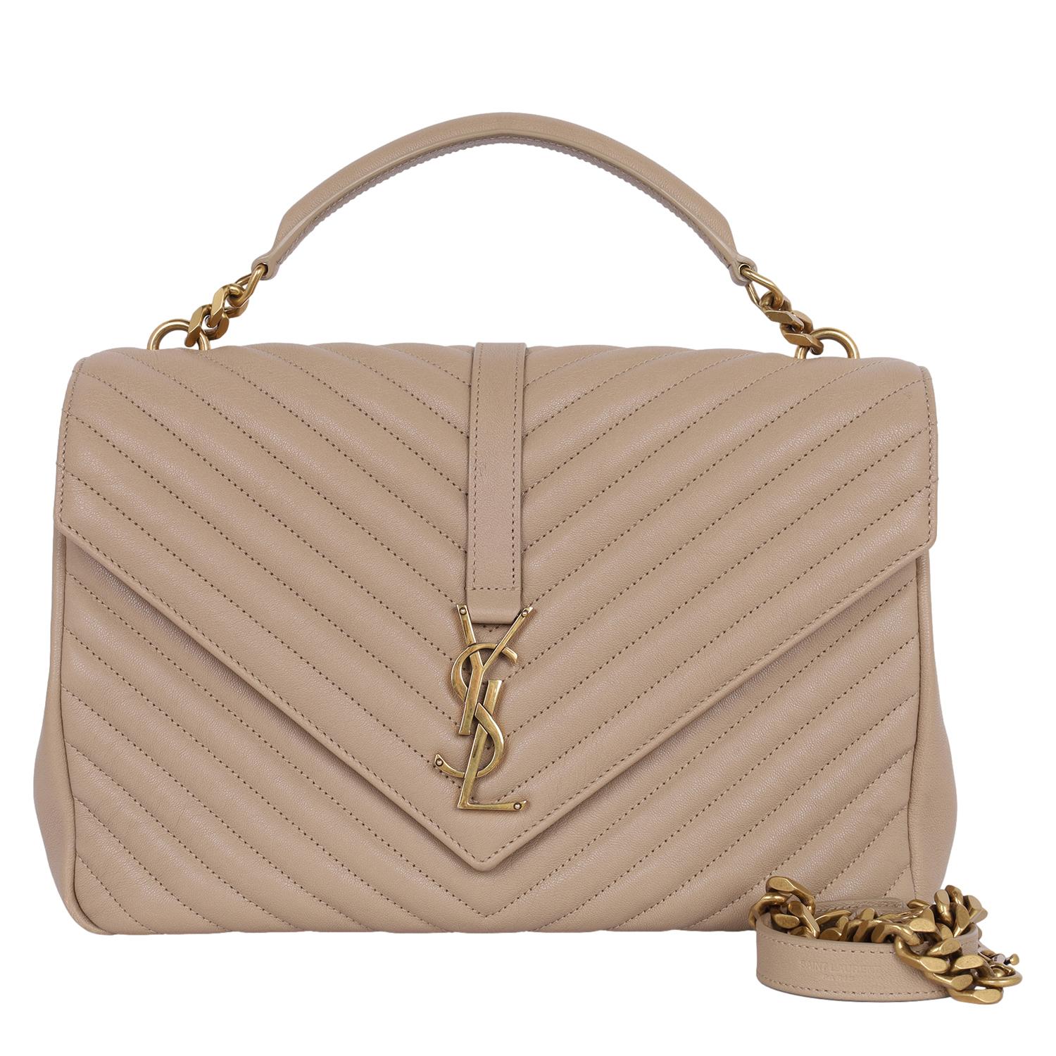 Saint Laurent College chain quilted leather shoulder bag Beige Tan 5