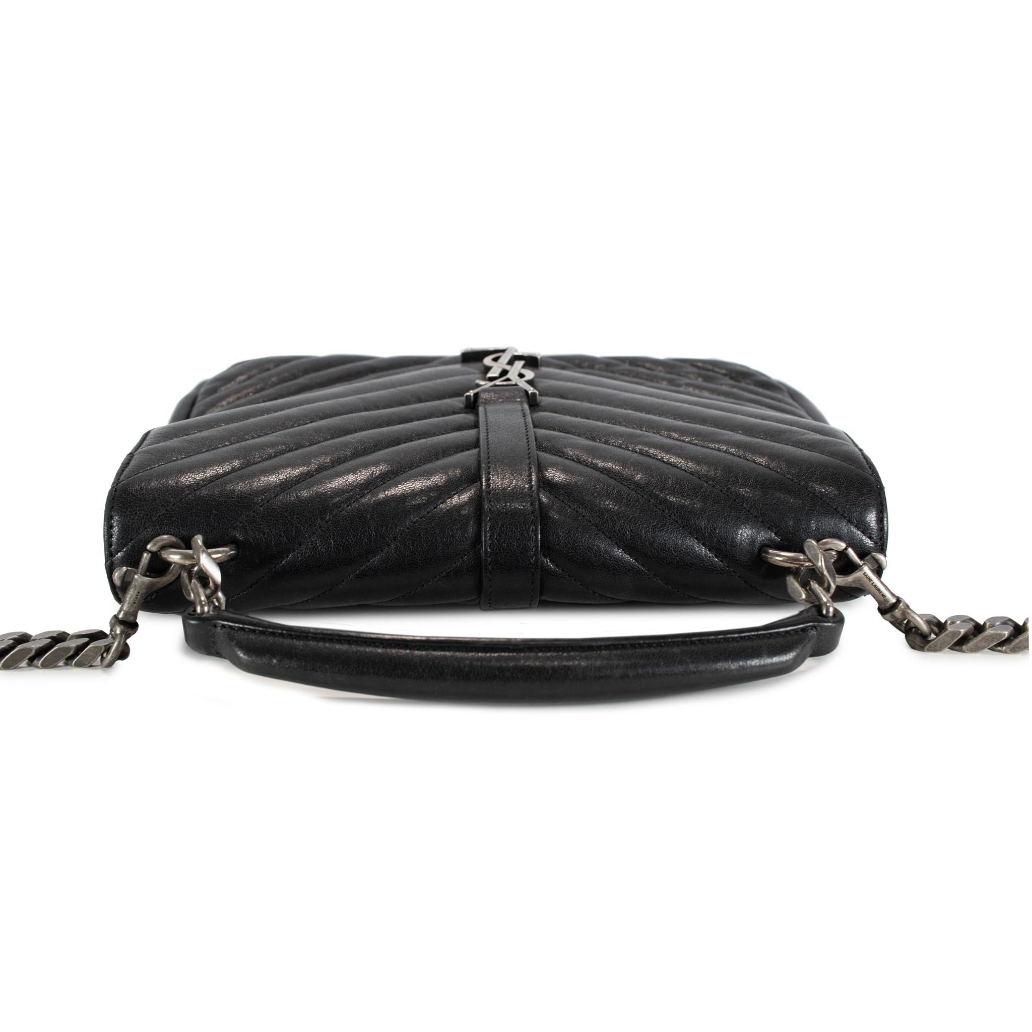 Donna Saint Laurent College Medium Black Quilted Leather Top Handle Crossbody Bag in vendita