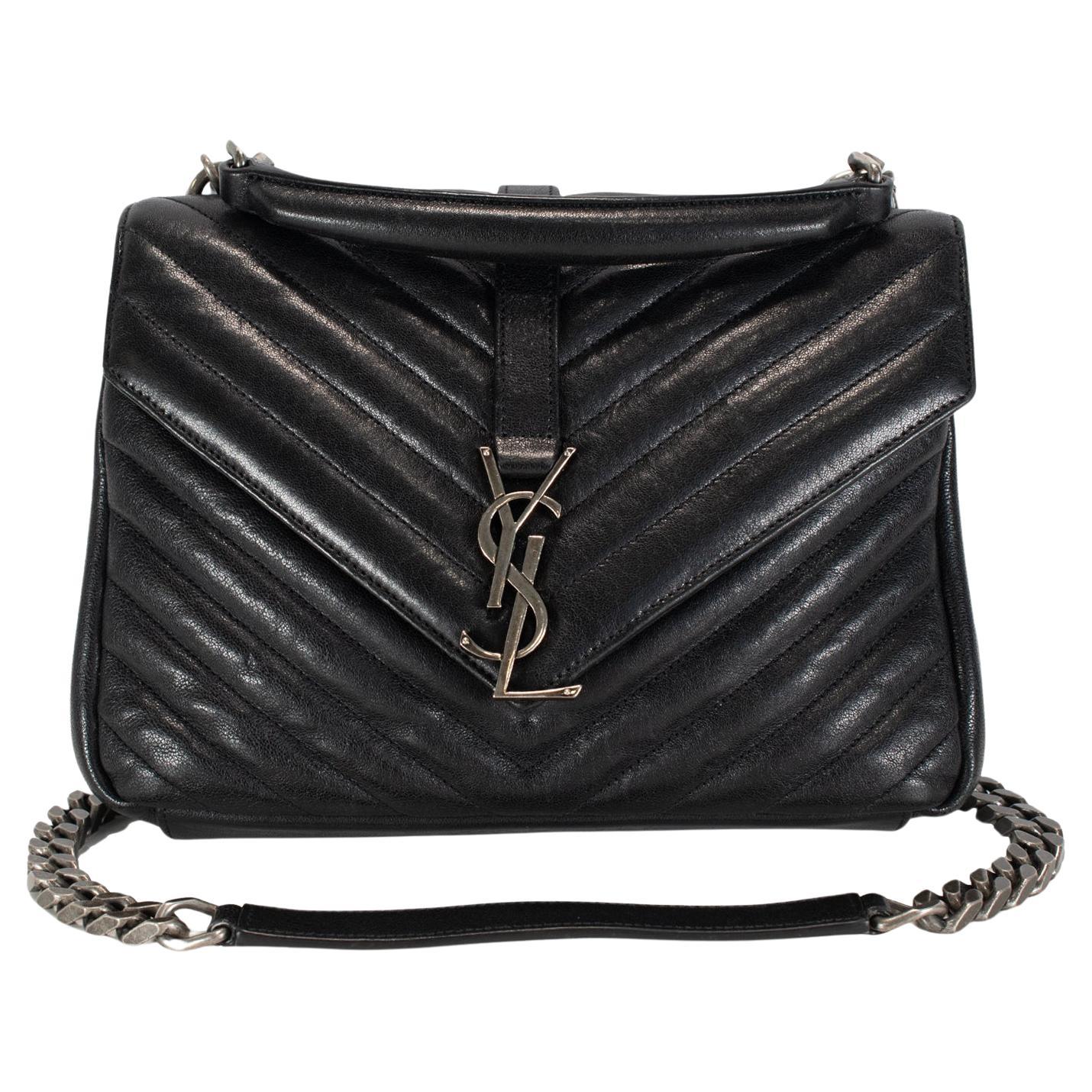 Saint Laurent College Medium Black Quilted Leather Top Handle Crossbody Bag