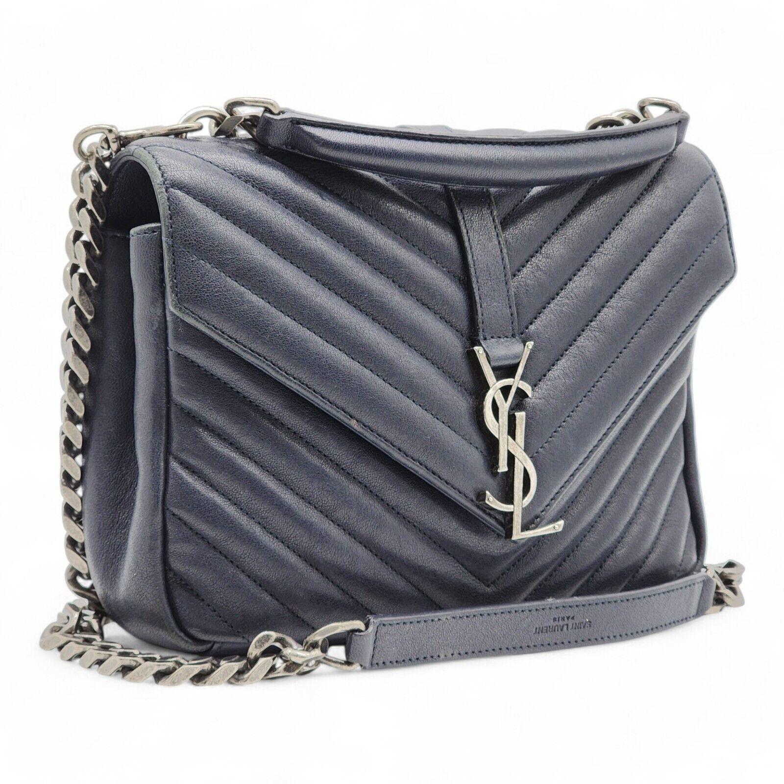 Saint Laurent College Medium Chain Bag.

Additional information:
Material: Leather with silver hardware
Lined interior
Color: Blue
Country: Italy
Dimension: Medium size; 9.5