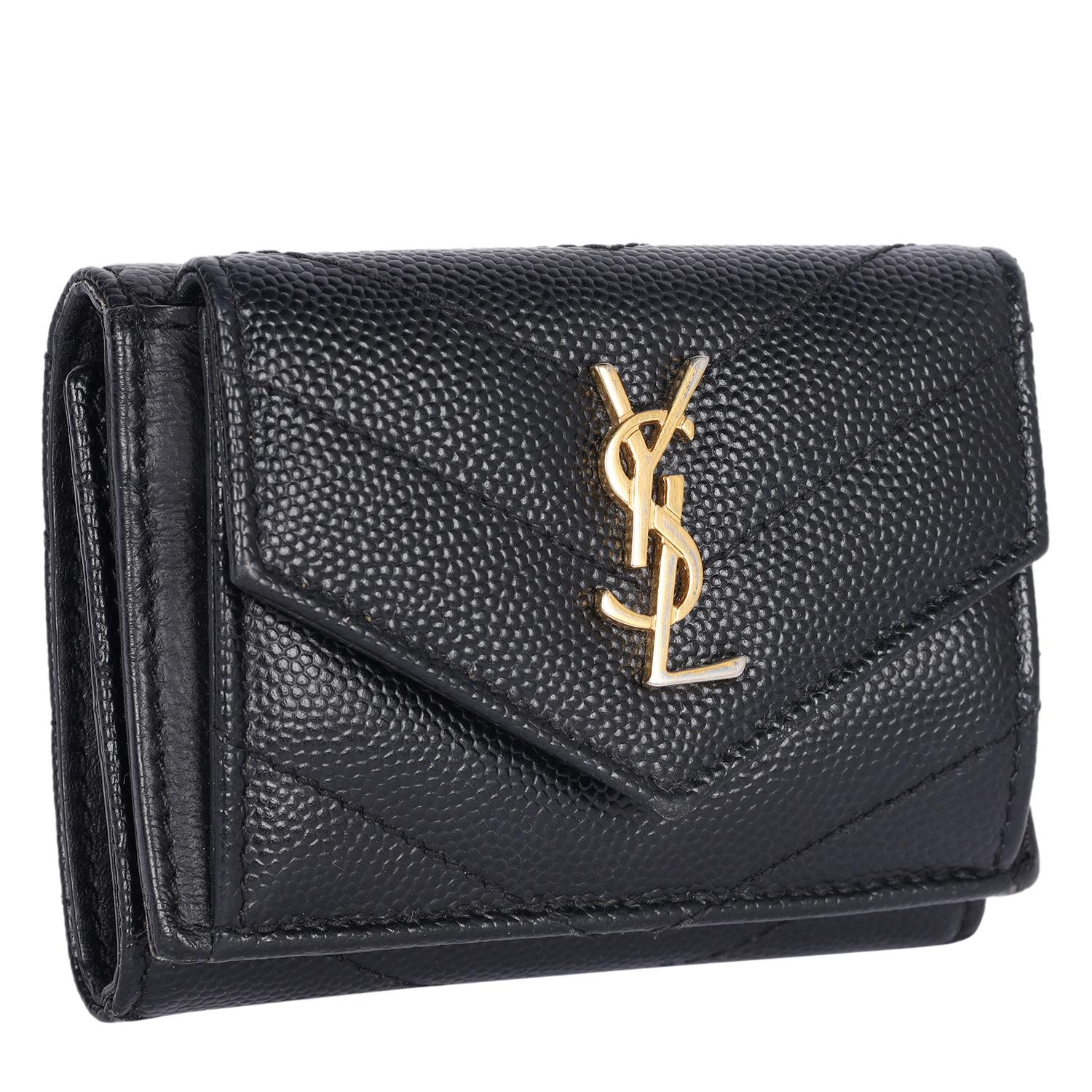 Authentic Saint Laurent YSL Compact Tri-fold Wallet in Black 

This elegant compact wallet features fine pebbled chevron quilted leather in black. The wallet features a facing V-shaped flap with a prominent gold YSL logo. The flap opens to a black
