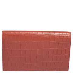 Saint Laurent Copper Brown Croc Embossed Leather Monogram Clutch