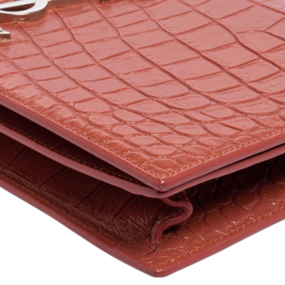 Saint Laurent Copper Brown Croc Embossed Leather Monogram Clutch 2