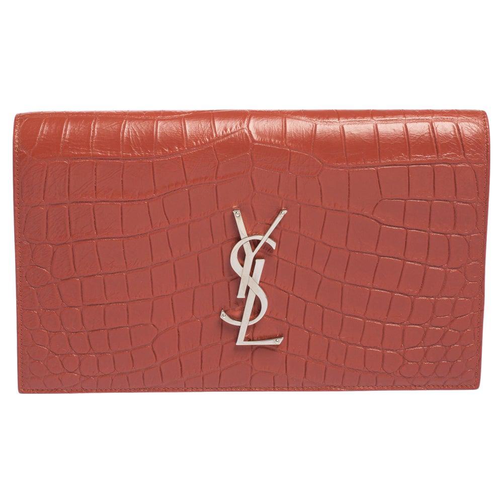 Saint Laurent Copper Brown Croc Embossed Leather Monogram Clutch