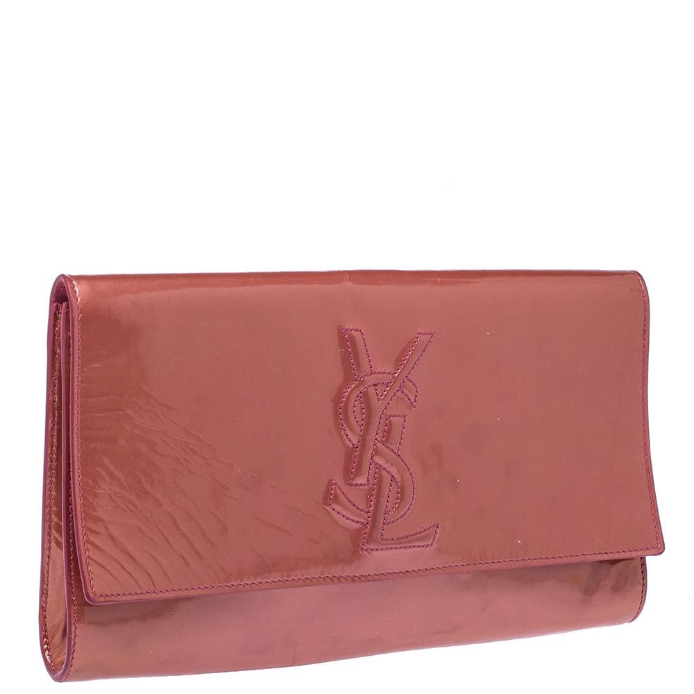 Pink Saint Laurent Coral Orange Patent Leather Belle De Jour Flap Clutch