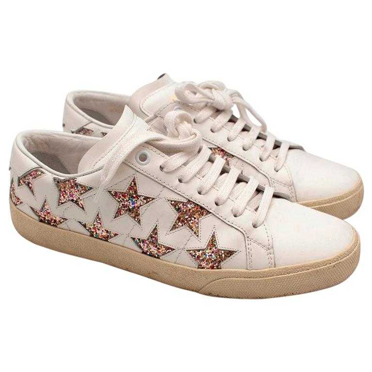 Saint Laurent Court Classic White Glitter Star Trainers - Size 37