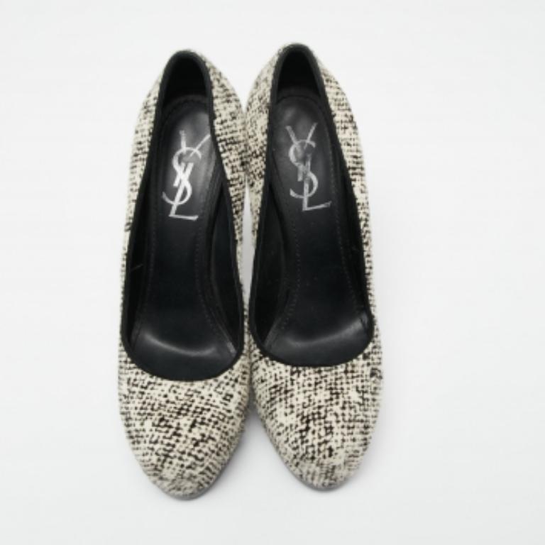 Gray Saint Laurent  Cream/Black Calf Hair Tribtoo Platform Pumps Size 38.5 For Sale