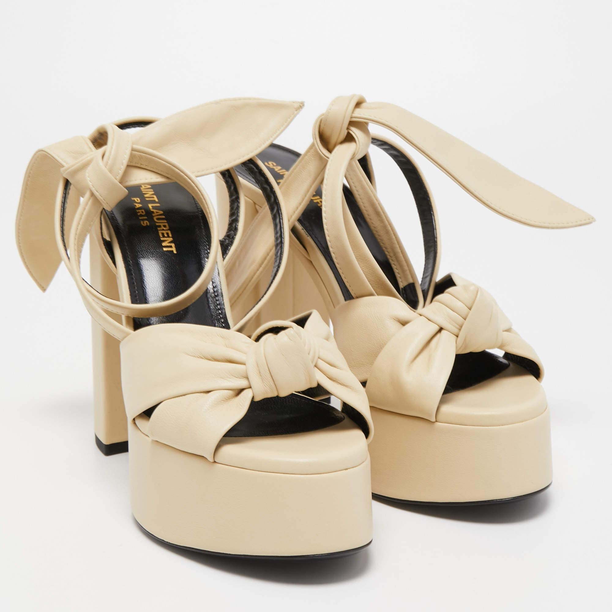 Women's Saint Laurent Cream Leather Bianca Ankle Tie Sandals Size 37.5