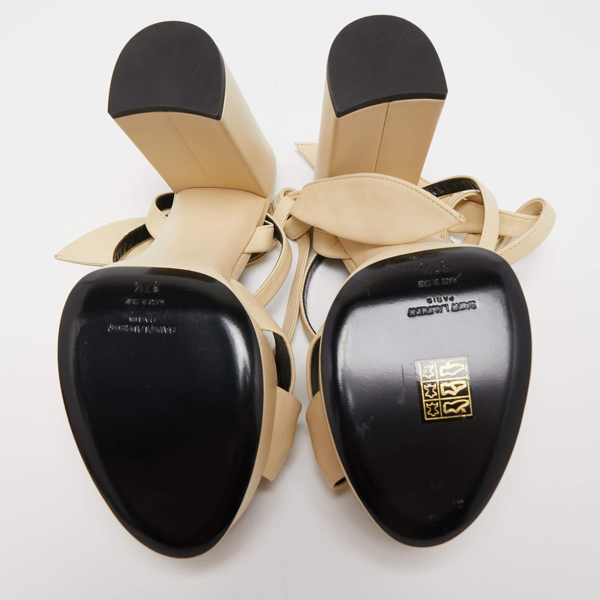 Saint Laurent Cream Leather Bianca Ankle Tie Sandals Size 37.5 4