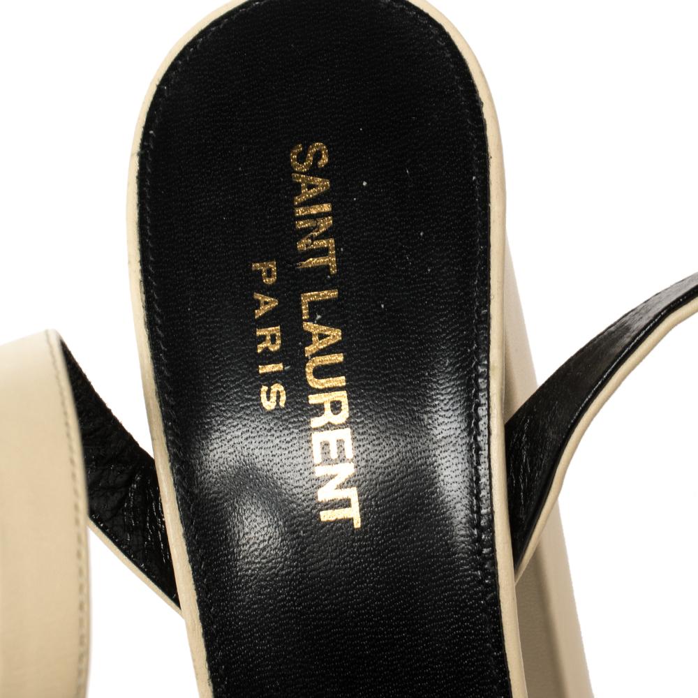 Beige Saint Laurent Cream Leather Bianca Knot Ankle Wrap Platform Sandals Size 38