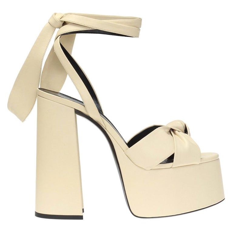 Saint Laurent Cream Leather "Paige" Tie Ankle Strap Platform Sandals Size  37 at 1stDibs
