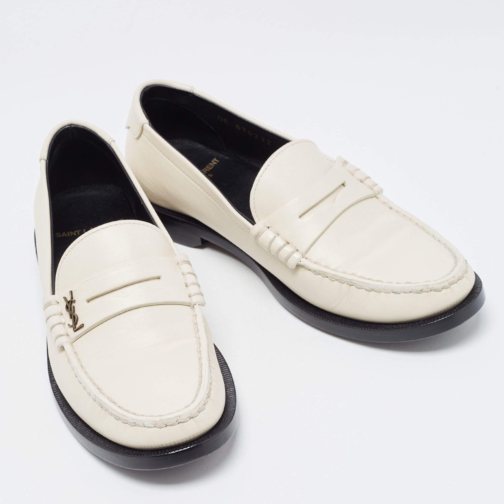 Women's Saint Laurent Cream Leather Slip On Loafers Size 35.5