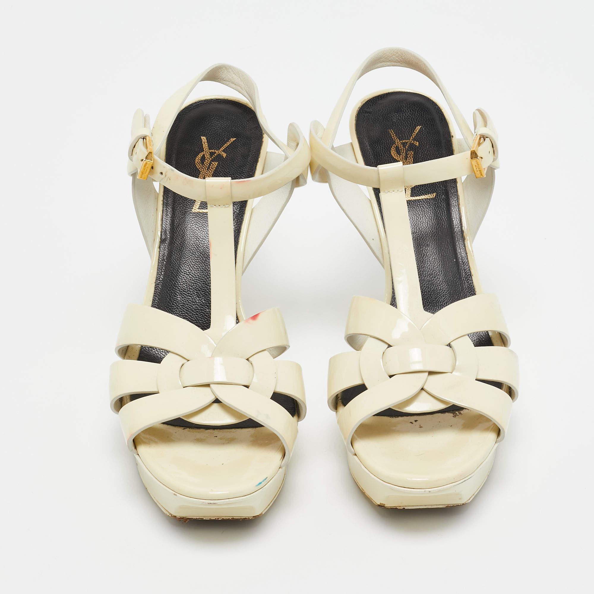 Beige Saint Laurent Cream Patent Leather Tribute Sandals Size 38 For Sale
