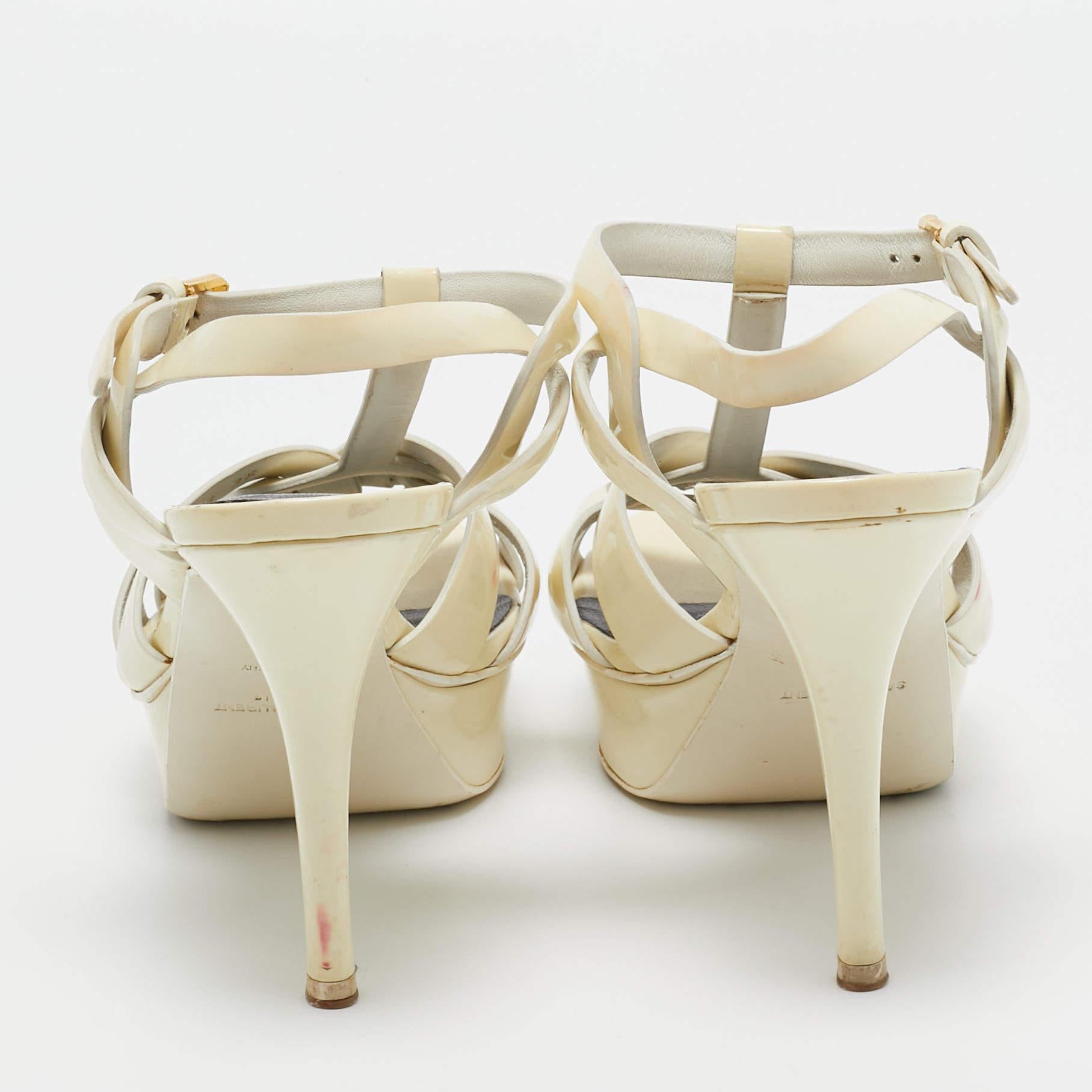 Women's Saint Laurent Cream Patent Leather Tribute Sandals Size 38 For Sale