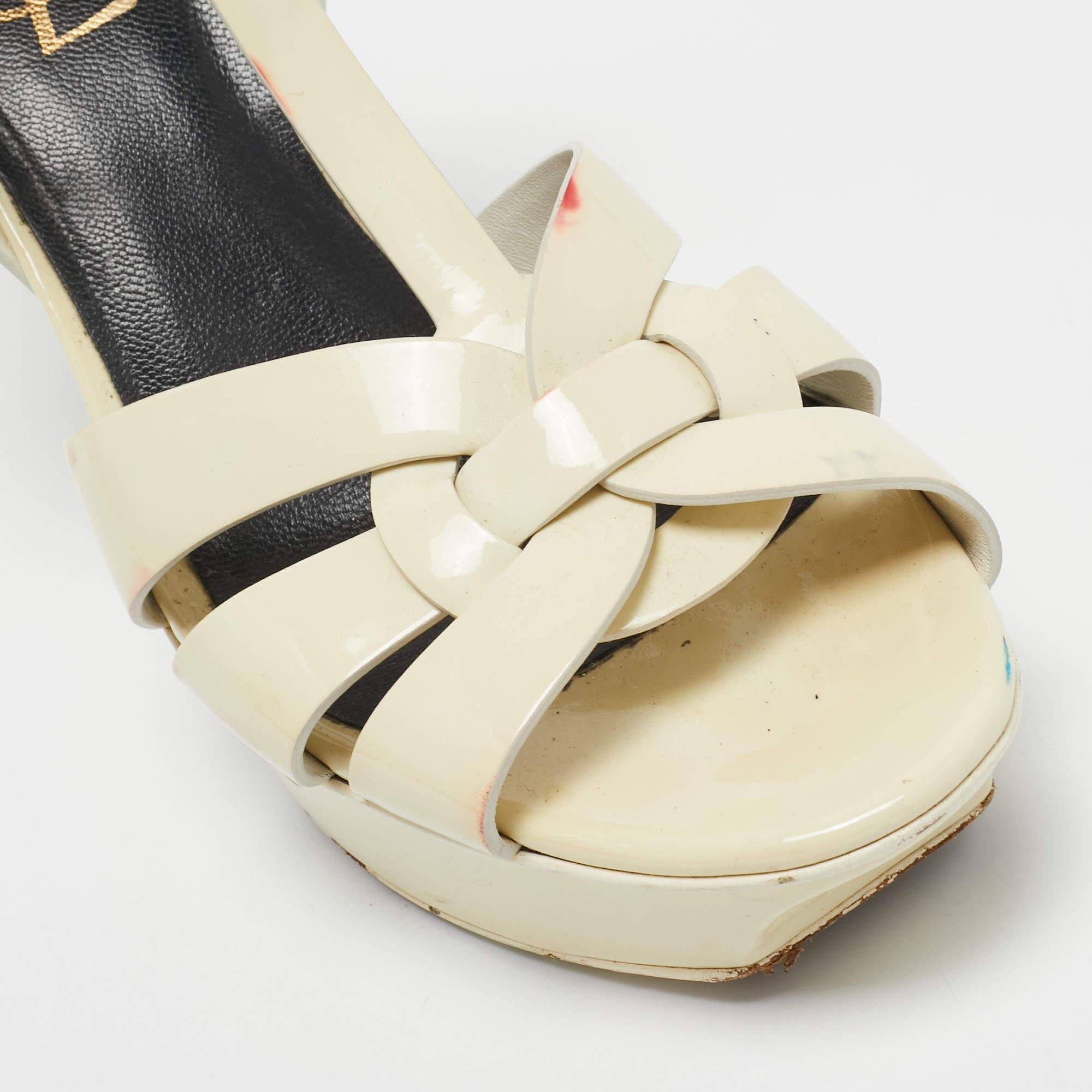 Saint Laurent Cream Patent Leather Tribute Sandals Size 38 For Sale 2