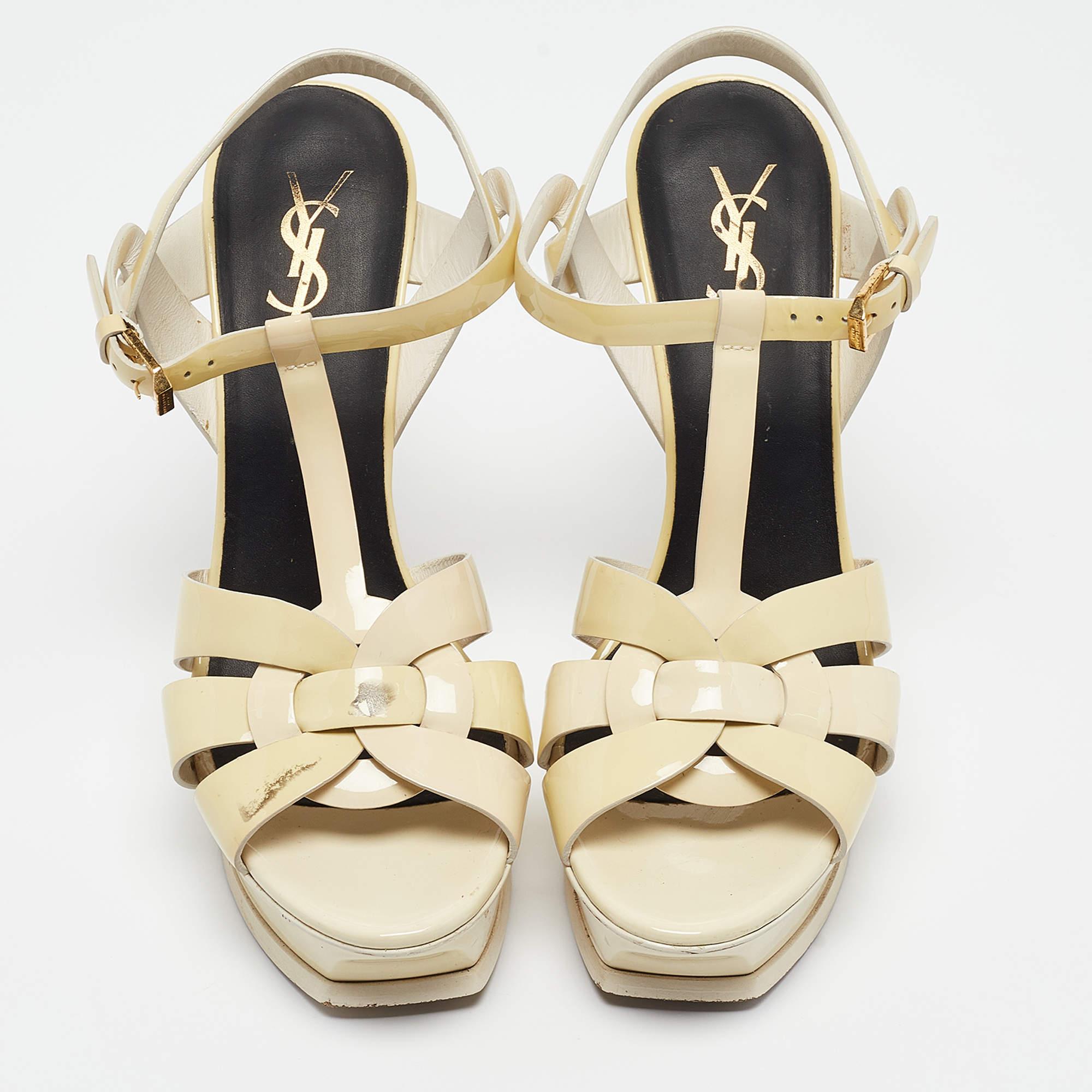 Beige Saint Laurent Cream Patent Leather Tribute Sandals Size 39
