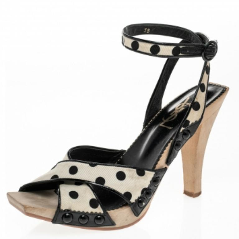 Saint Laurent Creme/Polka Dot gepunktete Slingback-Sandalen aus Stoff und Leder Größe 38 Damen