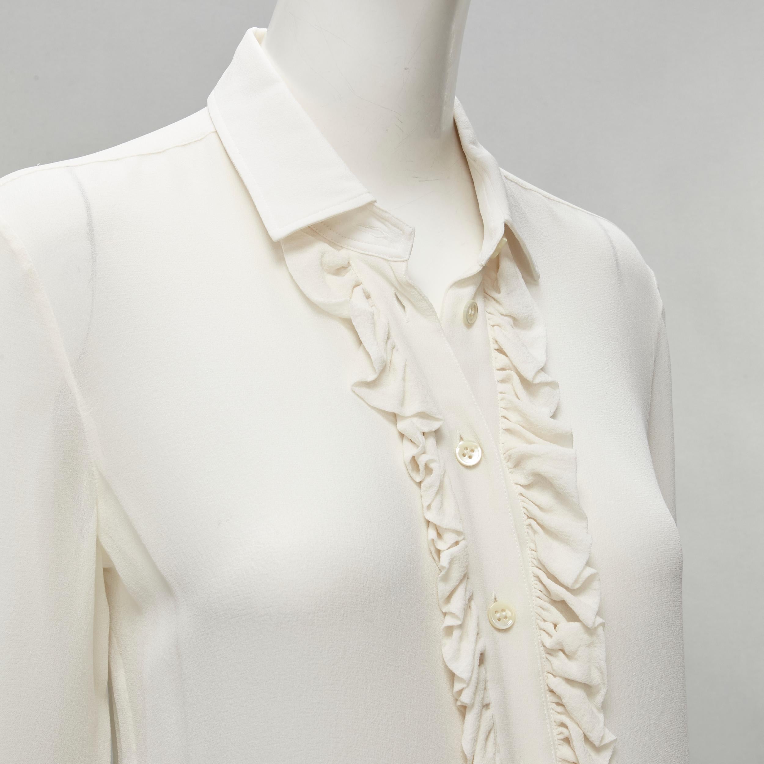 SAINT LAURENT cream silk ruffle placket button down shirt blouse S
Reference: JACG/A00088
Brand: Saint Laurent
Material: Feels like silk
Color: Cream
Pattern: Solid
Closure: Button
Extra Details: See through, might need to consider undergarment when