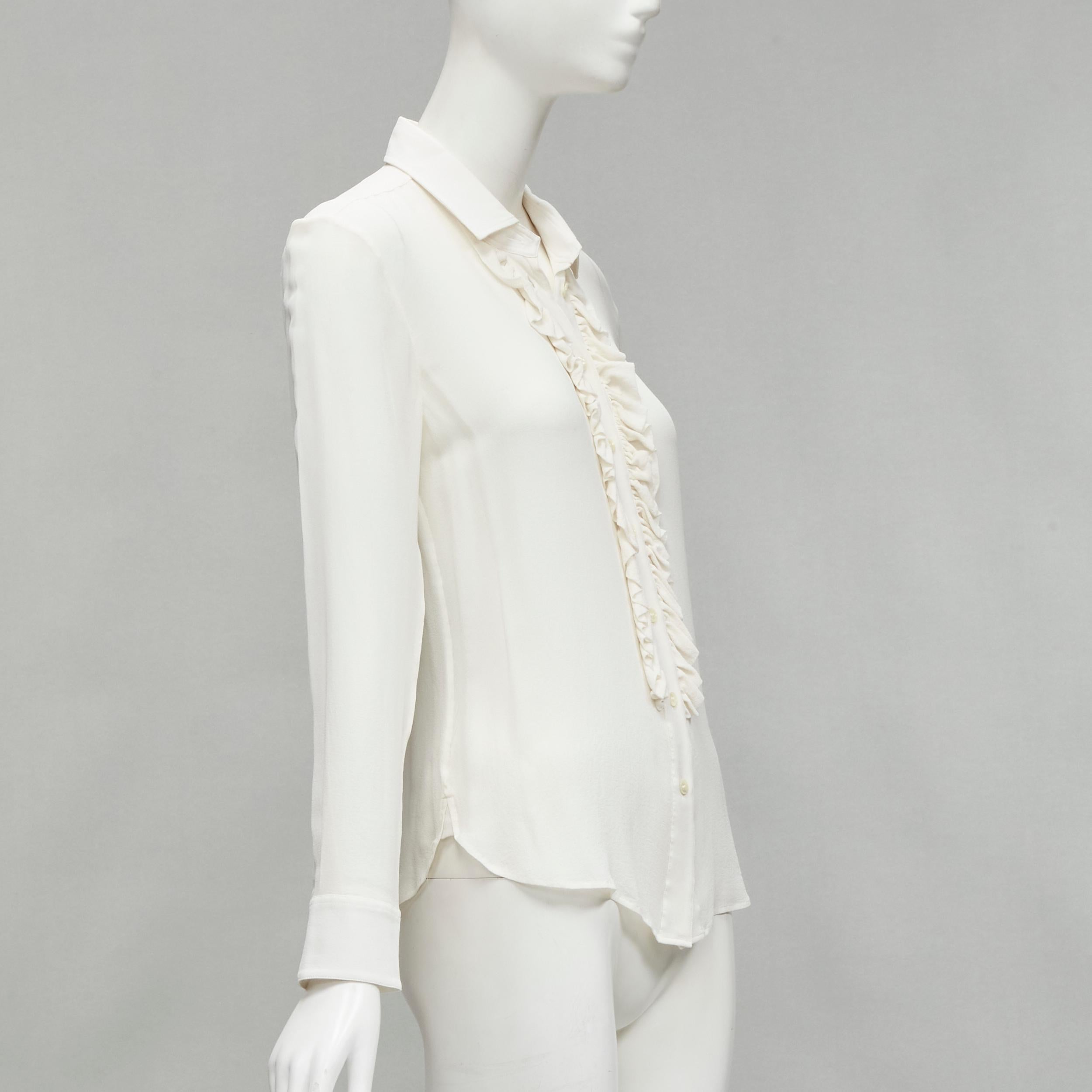 Gray SAINT LAURENT cream silk ruffle placket button down shirt blouse S For Sale