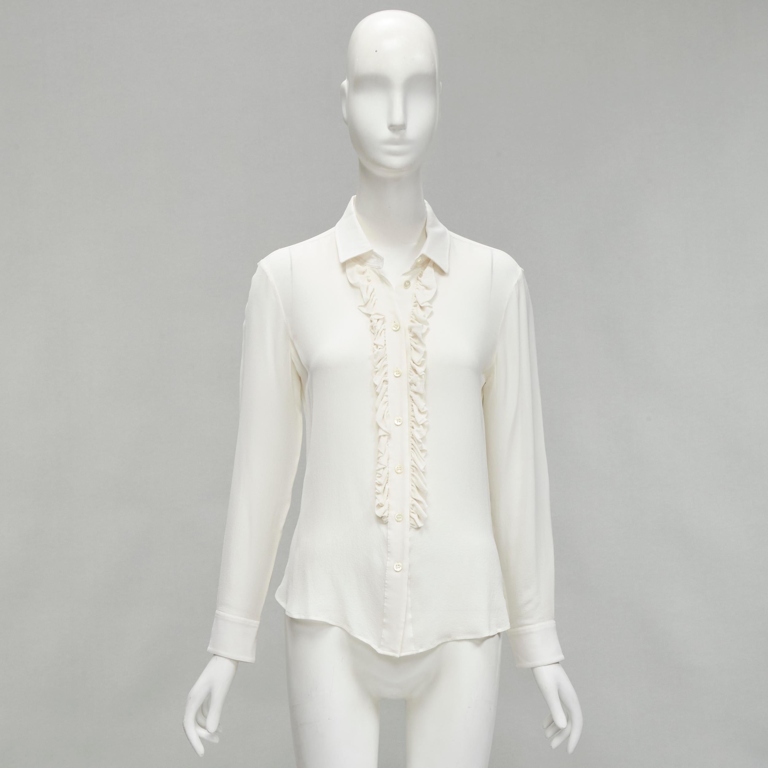 SAINT LAURENT cream silk ruffle placket button down shirt blouse S For Sale 5
