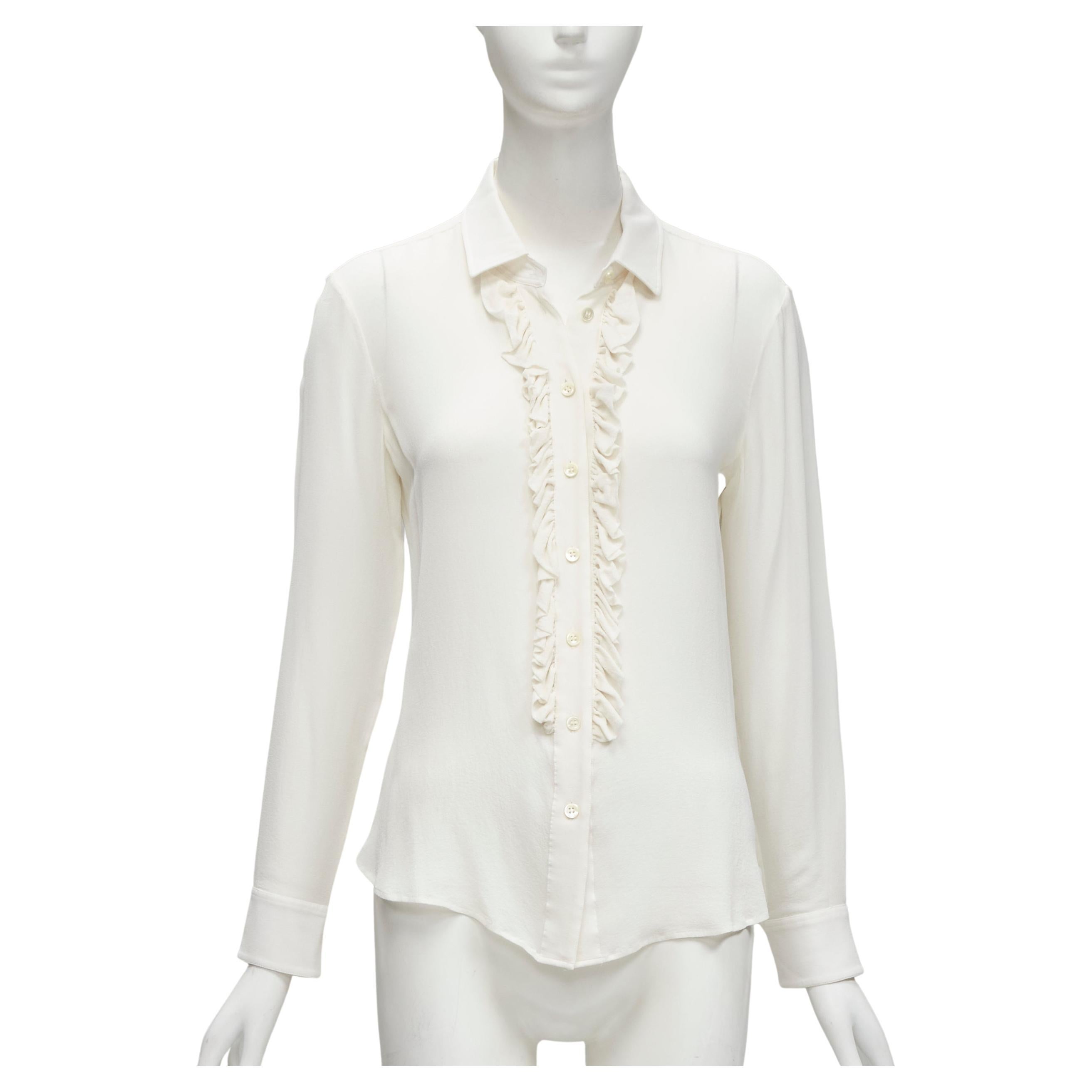 SAINT LAURENT cream silk ruffle placket button down shirt blouse S For Sale