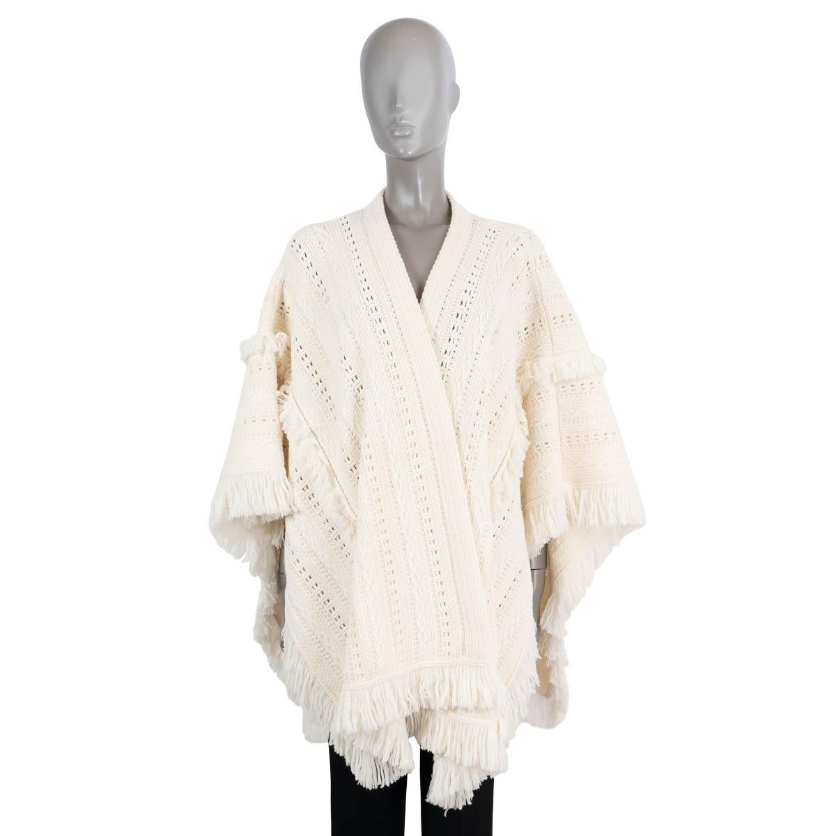 Beige SAINT LAURENT cream wool 2020 FRINGE TRIM CROCHET KNIT PONCHO Jacket XS