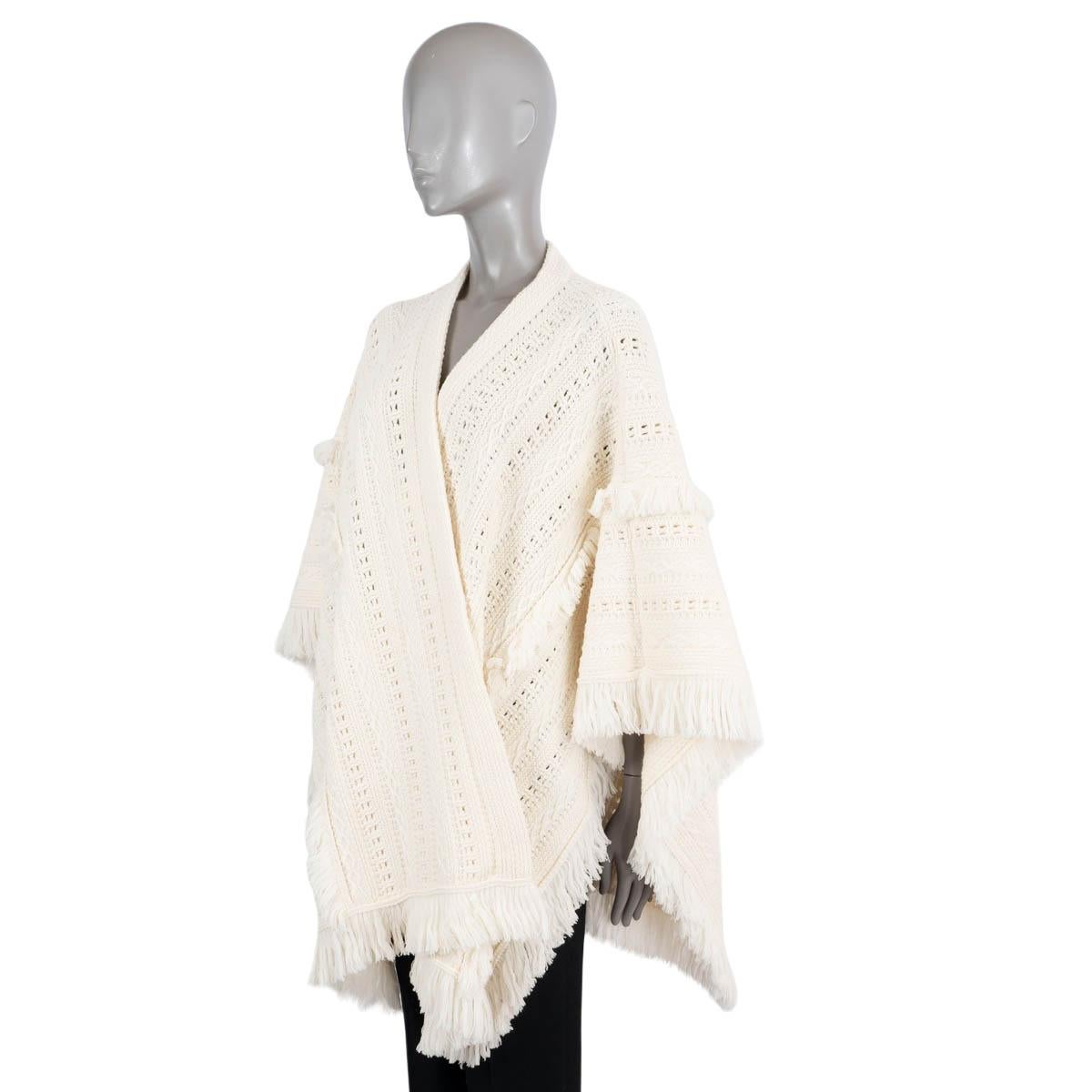 Women's SAINT LAURENT cream wool 2020 FRINGE TRIM CROCHET KNIT PONCHO Jacket XS