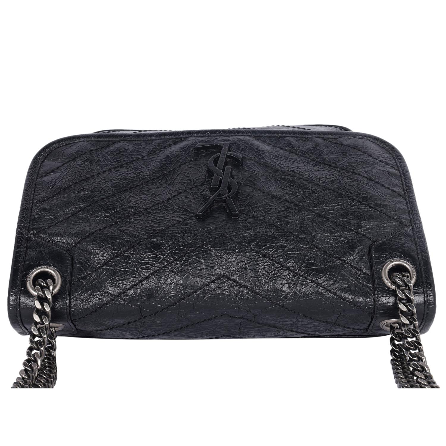 Saint Laurent Crinkled Calfskin Matelasse Monogram Medium Niki Chain Satchel Blk 7