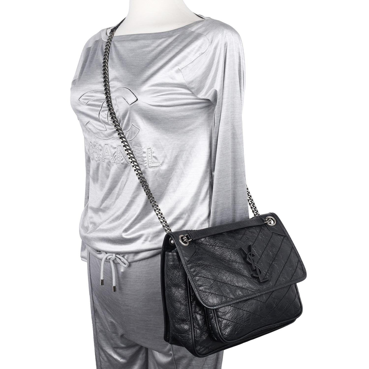 Black Saint Laurent Crinkled Calfskin Matelasse Monogram Medium Niki Chain Satchel Blk