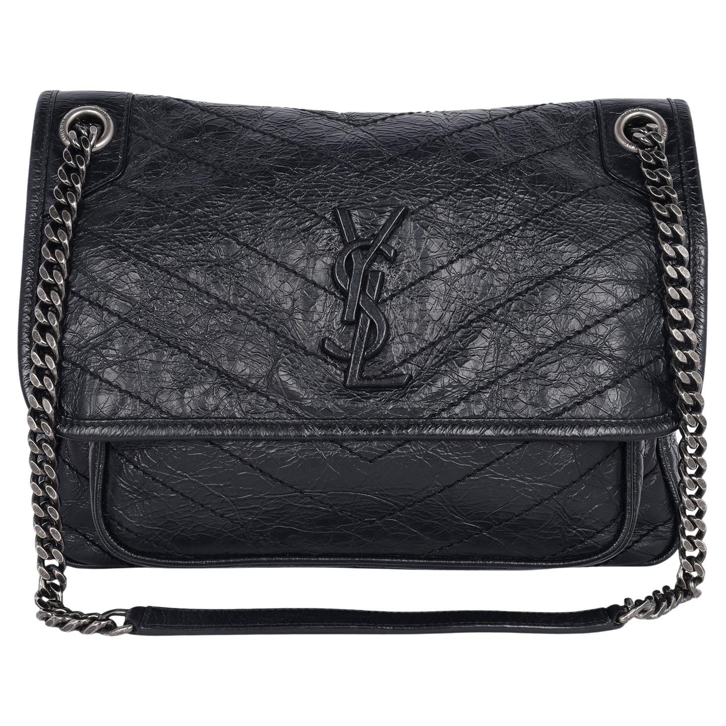 Saint Laurent Crinkled Calfskin Matelasse Monogram Medium Niki Chain Satchel Blk
