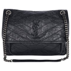 Saint Laurent Crinkled Calfskin Matelasse Monogram Medium Niki Chain Satchel Blk