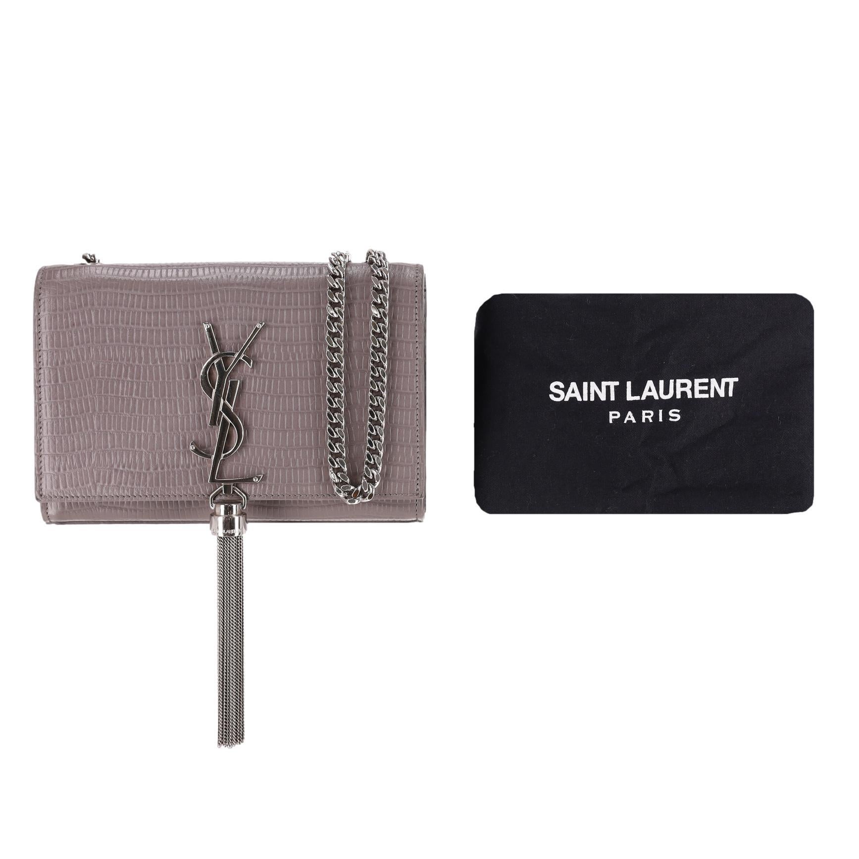 Gray Saint Laurent Croc Embossed Leather Kate Tassel Shoulder Bag For Sale