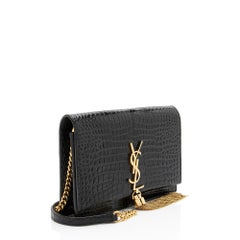 Saint Laurent Croc Embossed Leather Monogram Kate Tassel Chain Wallet