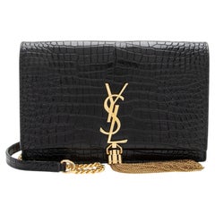 Saint Laurent Croc Embossed Leather Monogram Kate Tassel Chain Wallet