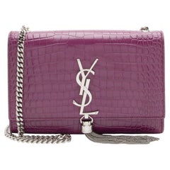 Saint Laurent Croc Embossed Leather Monogram Kate Tassel Small Shoulder Bag