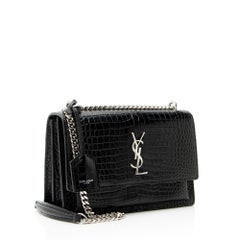 Saint Laurent Croc Embossed Leather Monogram Sunset Medium Shoulder Bag