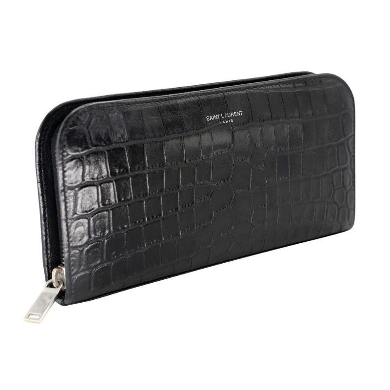 Saint Laurent Krokodil geprägtes langes Portemonnaie Sl-1201P-0002 (Schwarz) im Angebot