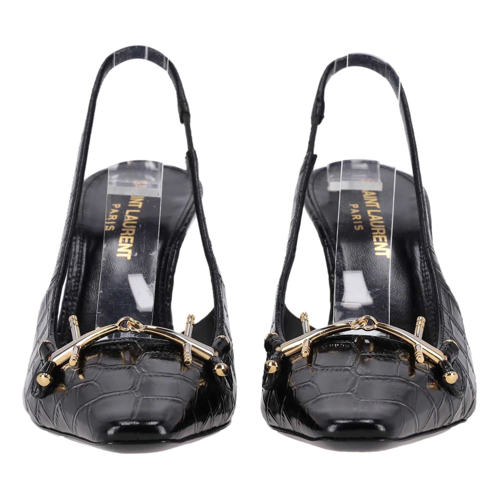 Black Saint Laurent Crocodile Embossed Leather Slingback Tom Pumps