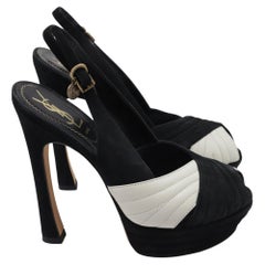Saint Laurent Cross Strap Peep-Toe Platform Pumps in Black Suede