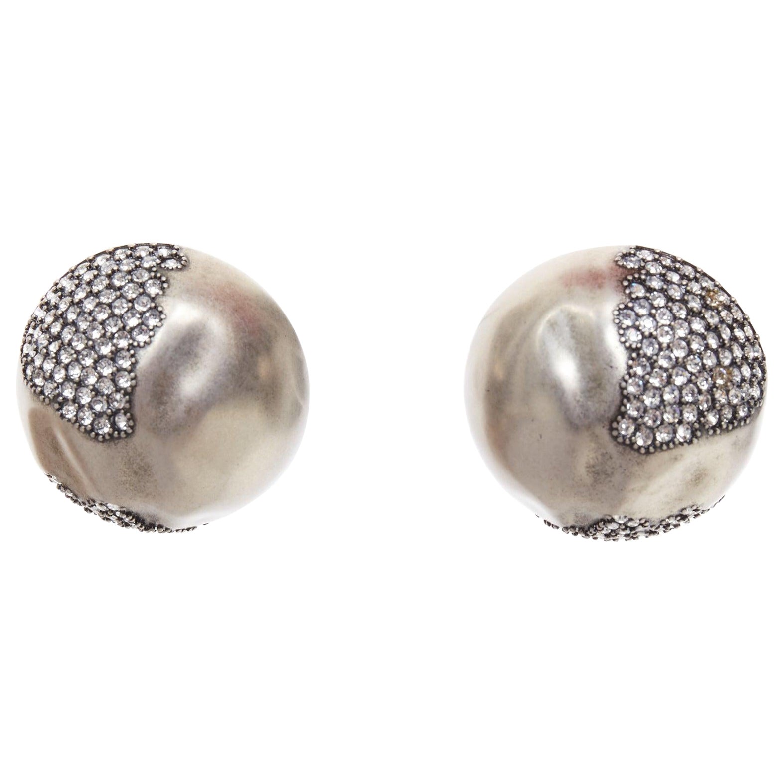 SAINT LAURENT crystal embellished aged silver metal dome clip on earrings Pair