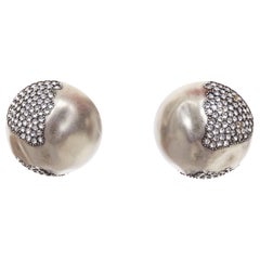 SAINT LAURENT crystal embellished aged silver metal dome clip on earrings Pair
