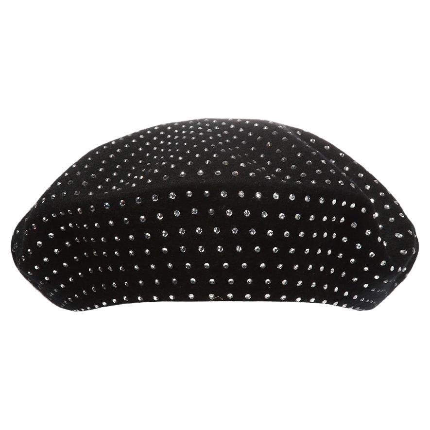 Saint Laurent Crystal Embellished Black Wool Beret