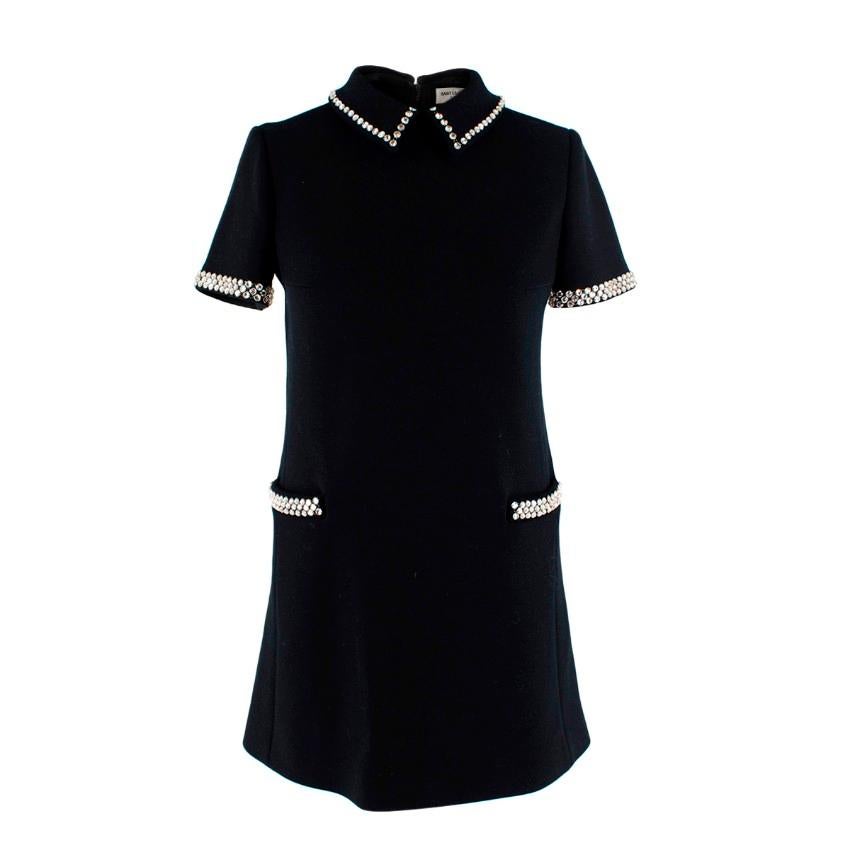 Saint Laurent Crystal Embellished Black Wool Mini Shift Dress For Sale